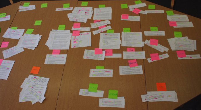 Layout of document snippets by place. Green post-its represent primary locations, pink post-its secondary locations and orange post-its non-spatial or complex spatial snippets. Places in documents highlighted in yellow; people in documents highlighted in pink.